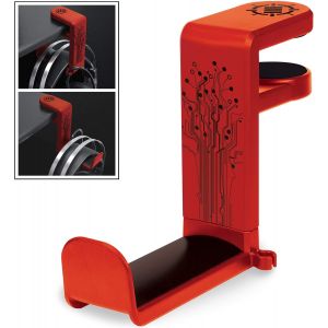 CFUX-Support Casque Audio de Jeu ou de Musique avec Bras Pivotant à 360 Degrés, Pince de Fixation Format Universel pour Table et Bureau avec Rangement pour Câble Intégré - Rouge - Neuf