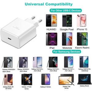 Chargeur 45W Charge Rapide Pour Samsung S25, S25 Ultra, S24, S24 Ultra, S23 Ultra, Tab S8, S9, S10, Z Fold5, Flip5, Fold6, Flip6, A54, Usb C Bloc Prise Adaptateur Secteur Avec 5A C&acirc;ble (Blanc) - Neuf