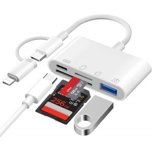 [Apple MFi Certified] 4 en 1 Lecteur Carte SD pour iPhone iPad, Adaptateur Cartes SD USBC Lightning vers SD/Micro SD/USB/Charging, Lecteur de Carte Mémoire pour iPhone 16 15/iPad/Samsung/Caméra - Neuf