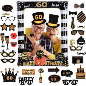 Checarzhn--No1-Accessoires De Photobooth Anniversaire 60 Ans, Accessoires De Photomaton Avec Grand Cadre Photo Gonflable Pour Selfie, 35pcs Accessoires Photobooth Anniversaire Avec Cadre Photo 60 Ans - Neuf