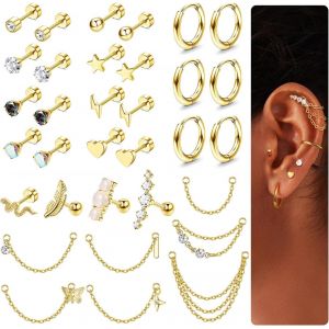Kalhx-33pcs Piercing Oreille Acier Chirurgical Boucles D'oreilles Femme Avec Cha&icirc;ne Piercing Helix Hypoallerg&eacute;nique Petite Opale &Eacute;toile Coeur Cz Dos Plat Boucles D'oreilles Piercing Tragus - Neuf