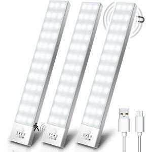 Lampe De Placard Lot De 3, 5000k 1000mah Usb Sans Fil Led Lampe De Placard D&eacute;tecteur De Mouvement Rechargeable Lamp Led Aimant Int&eacute;gr&eacute; Veilleuse Pour Armoire Placard Escalier Cuisine Couloir - Neuf