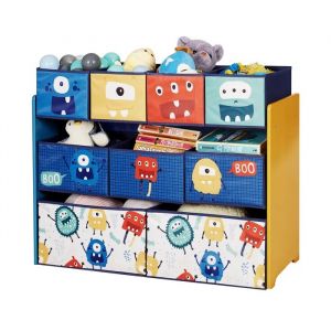 Ginger Home &iquest; Organiseur Jouets Enfant 9 Bacs Tissu (2g,3m,4p), Mdf/Acier, Motif Monster, 92&times;30&times;60 Cm - Neuf