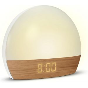 R&eacute;veil simulateur d'aube Lumiere Progressive sur Secteur-Luminoth&eacute;rapie Eclairage Blanc ou Couleur-Charge Port USB-A-Effet Naturel Bois - Neuf