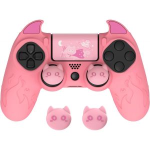 Protection Pour Ps4 Manette Avec Capuchon Joystick,Housse Silicone Pour Ps4 Slim Pro Controller Skin Cover Avec Thumbsticks Caps-Rose,Édition Démon.[R202] - Neuf