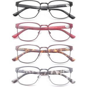 4 Paire De Lunettes De Lecture 1.0 Homme Anti Lumiere Bleue - Monture Rectangle En Metal Acier Inoxydable Lunettes De Vue Lunettes Loupe Noir-Gris-Marron-Rouge - Neuf