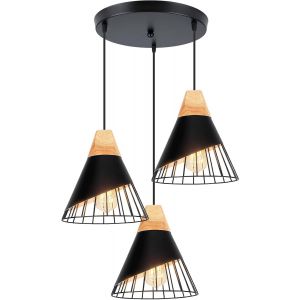 Kal-Suspension Luminaire Moderne Industrielle Bois Lustre Abat-Jour Métal Vintage Forme Cage Ø25cm Plafonnier E27 Design Pour Cuisine Chambre Salon (3 Lampes - Noir - Base) - Neuf