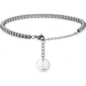 Kal-Bracelet Perlé Pour Homme Femme, Chaîne De Main Réglable De Perles Acier Inoxydable Poli Pendentif Rond 26 Lettres Alphabet Couleur Argent Classique Fantaisie Cadeaux Anniversaire Noël - Neuf