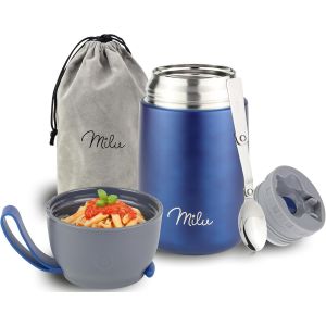 Bo&icirc;tes Alimentaires Isothermes 450ml I 650ml I 800ml, Bo&icirc;te Isotherme Repas Chaud Porte-Aliments En Acier Inoxydable &Agrave; Double Couche, Cuill&egrave;re Pliante Pour Ecole, Bureau (650ml/Gris) - Neuf