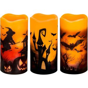 SUBZONAL-Lot de 3 bougies piliers &eacute;lectriques &agrave; LED sans flamme &agrave; piles avec minuterie de 6 heures en cire v&eacute;ritable pour Halloween, Halloween, Thanksgiving, ch&acirc;teau, sorci&egrave;re, chauve-souris pour int - Neuf