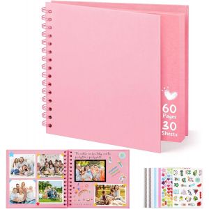 Album Photo Scrapbooking,8-Inch Album Photo Personnalisable,Carr&eacute;e Diy Livre Scrapbooking Avec 5 Autocollants,Livre D'or Anniversaire Photo Pour Mariage Et B&eacute;b&eacute;s,Rose,60 Pages - Neuf