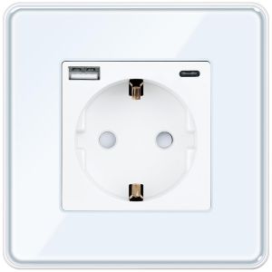 Prise Schuko avec interface de charge rapide USB de 20 W (max 4 A), standard de l'UE, 1 compartiment encastr&eacute; avec plaque en verre incurv&eacute; 2,5D, prise murale blanche 86 x 86 mm - Neuf