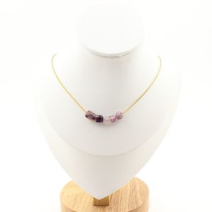 Collier 4 Perles Charoite De Russie. Chaine En Acier Dor&eacute; Inoxydable Collier Femmes, Hommes. Taille Personnalisable. - Neuf