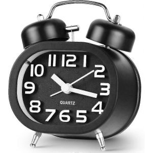 R&eacute;veil &agrave; piles double sonnerie r&eacute;tro vintage silencieux sans tic-tac, r&eacute;veil puissant avec veilleuse int&eacute;gr&eacute;e, 1 pi&egrave;ce - noir - Quan - Neuf