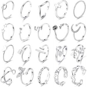 Kal-20 Pièces Set De Bague Ouvert Argent Bague De Doigts Vintage Lot De Bagues Réglable Ajustement De Bague Empilables Bijoux De Plage Pour Femmes Filles - Neuf