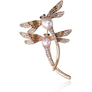 Kgabery-Ton Or Cristal Autrichien Dragonfly Coloré Double Émail Simulé Perle Broche Strass Broche Bijoux Pour Or - Neuf