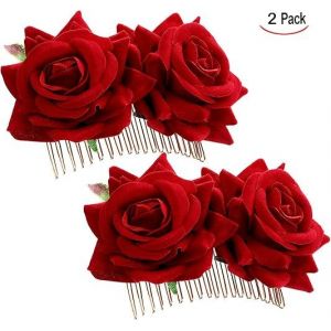 (Rouge) 2 Pièces Pinces À Cheveux Fleur De Rose Femmes Fleur De Rose, Accessoire De Coiffure Pour Femmes Filles Mariage Mariée - Neuf