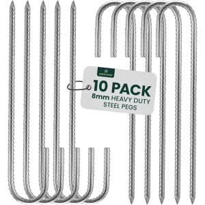 Eryi-Lot De 10 Piquets De Tente Incurvés Robustes En Acier Galvanisé De 8 Mm D'épaisseur Avec Extrémités En J - Piquets De Sol En Métal Résistant À La Rouille Pour Camping, Jardin, Bâche - Neuf