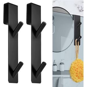 2 Pièces Crochet Douche,Crochet Porte Serviette sans perçage,Crochets de Porte pour Portes de Douche en Verre sans Cadre,Adapter 6-12 mm d'épaisseur (Crochet Double Noir) - Neuf