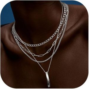 Kal-14k Plaqué Or/Argent Femmes Collier Délicat Cz Empilable Y Collier Mignon Perle Papier Clip Chaîne Pendentif Collier Set - Neuf