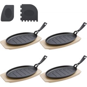 Letnerny-Mini Poêle En Fonte De 27cm ¿ Poele Grill Avec Plat Pour Servir En Bois 32cm ¿ Set De 4 Plaques En Fonte +Plus 2 Racloirs - Neuf