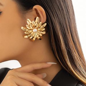 Kalhx-Boucles Oreilles Punk Fleur Marguerite Boucles Oreilles Fleur Métal Doré Boucles Oreilles Fleur Perles Vintage Boucles Oreilles Florales Clous Oreilles Grande Fleur Femmes Et Filles Cadeaux - Neuf