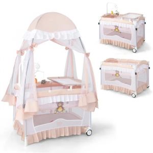 Lit B&eacute;b&eacute; Parapluie B&eacute;b&eacute; Pliant 4 En 1 Costway-Matelas,Moustiquaire De Yourte,Table &Agrave; Langer-2 Roues-Bo&icirc;te &Agrave; Musique,3 Jouets-Rose - Neuf