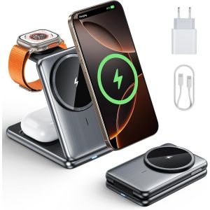 Chargeur Induction IPhone 3 en 1, Pliable Station de Charge Apple Rapide Wireless Charger avec Mag-Safe, 20W Adaptateur, Chargeur sans Fil pour IPhone 16/15/14/13/12/11/X, Apple Watch, AirPods - Neuf