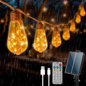 JGD-Guirlande Lumineuse Exterieure, Guirlande Guinguette Solaire avec 16 Ampoules, Corde de Chanvre 6.4M, 8 Modes IP65 &Eacute;tanche, T&eacute;l&eacute;commande et Chargement USB, pour Jardins, Cours, Bistrots,Pavillon - Neuf