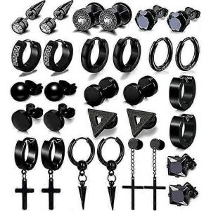 15 Paires De Boucles D'oreilles Pour Hommes, Boucles D'oreilles En Acier Inoxydable Noir Kit De Goujon Pour Hommes Femmes Mode Piercing Bijoux Croix Pendaison Cerceau Boucles D'oreilles Ensemble - Neuf