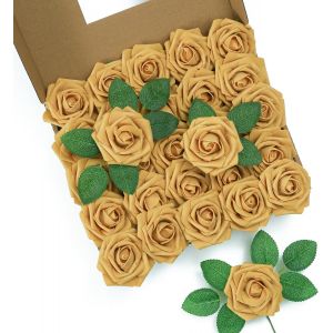 Lot de 25 roses artificielles roses dor&eacute;es claires avec t&ecirc;tes de roses en mousse au toucher v&eacute;ritable pour bouquets de mariage, arrangements floraux, d&eacute;coration florale pour f&ecirc;tes et - Neuf