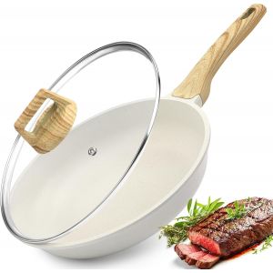 Po&ecirc;le En C&eacute;ramique 24 Cm Antiadh&eacute;sive Avec Couvercle Blanc Marron - Neuf