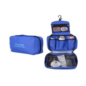 Organisateur de toilette portable suspendu pour femmes - Bleu, sac de voyage compact avec poches en filet - Neuf