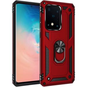 Housse Compatible Samsung Galaxy S20 Ultra Coque Avec Anneau Aimant Antichoc Protection Housse Etui Fonction Stand Tpu Silicone Bumper Défense Cover Rouge Avec Film En Verre Trempé - Neuf