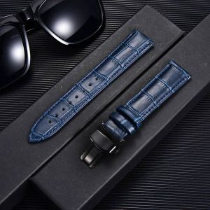 Remzeim¿Bracelet De Montre En Cuir Véritable,Motif Bambou,Première Couche En Cuir De Vache,18/20/22/24Mm,Avec Boucle Papillon En Acier.Dark Blue-Black.18Mm - Neuf