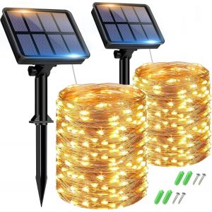 Lot De 2 Guirlande Solaire Exterieur, 15+2m 150led Guirlande Lumineuse Exterieure Solaire &Eacute;tanche 8 Modes, Guirlande Ext&eacute;rieure D&eacute;coration Pour Jardin Terrasse Cour Maison No&euml;l Mariage F&ecirc;te - Neuf