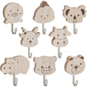 8 Pcs Porte Manteau Mural Enfant, Patere Murale Bois Autocollantes en Forme d'animaux pour Serviette Porte-Cl&eacute;s, Chambre,Salon, Chambre d'enfant, Cuisine, Serviettes - Neuf