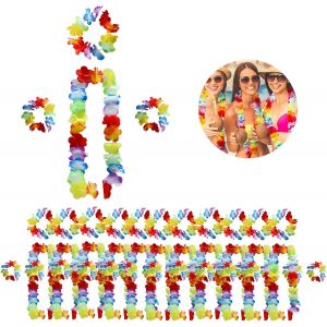 Kal-48 Pcs Collier De Fleurs Hawaienne Avec Coiffe Hawaïenne Lei, Bracelet Hawaïen Set De Guirlande Fleurie Hawaienne Réutilisables Pour La Décoration De Fêtes Tropicales, Collier De Fleur Hawaien - Neuf