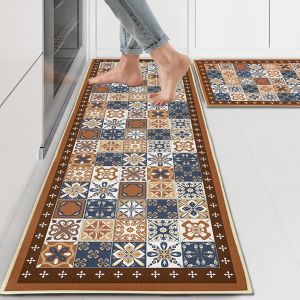 Sjzg-Lot De 2 Tapis De Cuisine, Tapis De Cuisine Lavable, Absorbe L'eau Et L'huile Antid&eacute;rapants Tapis De Cuisine, Pour Cuisine, Bureau, Buanderie (Q3, 43x150cm+43x75cm) - Neuf