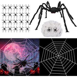Cauc-D&eacute;coration Halloween Araign&eacute;e G&eacute;ante 90cm,1 Araign&eacute;e Noire, 20g Coton D'araign&eacute;e Blanc, 22 Petites Araign&eacute;es, 1.5m Toile D'araign&eacute;e Blanche,Int&eacute;rieur, Table, Porte,Fen&ecirc;tre, Jardin - Neuf