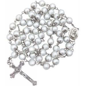 Store Collier Chapelet De Perles Blanches Avec M&eacute;daille De Terre Sainte &iquest; Chapelets Catholiques Pour Femmes Et Hommes - Neuf