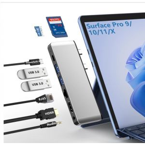 Station d'accueil Surface Pro 9/10/11/X avec HDMI 4K, USB-C Thunderbolt 4 (vid&eacute;o 8K@30Hz+40G Data+100W PD), 100M RJ45, 2 USB 3.0, Fente pour Carte SD/TF, Audio 3.5mm - Neuf