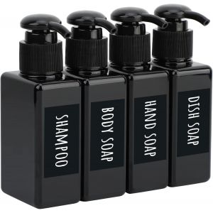 KAL-Distributeur De Savon Carrée, 4 Pièces 100Ml Rechargeable Lotion Bouteille De Shampoing, Avec Étiquette Imperméable Et Manuscrite, Flacon Pompe Vide Pour Bain, Cuisine, Hôtel - Noir - Neuf