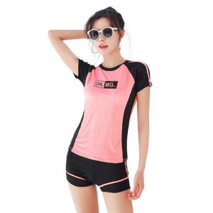 Maillot De Bain Deux Pieces Rashguard A Manches Courtes Pour Femme, Avec Shorty, Effet Gainant, Rose - Neuf