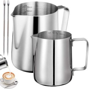 Kal-Pot À Lait En Acier Inoxydable, Pot À Lait En Acier Inoxydable À Main Levée Café Barista Inox 350ml 600ml Pichet Avec Mesure Mark Et Latte Art Pen Pour Création Cappuccino Espresso (Argenté) - Neuf