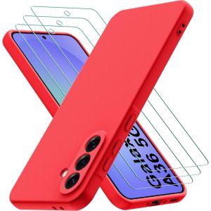 Kal-Coque Pour Samsung Galaxy A36 5g, Avec 3 Pièces Verre Trempé Protection Écran, Mince Souple Silicone Étui Protection Antichoc Bumper Housse Tpu Téléphone Case Cover, Rouge - Neuf