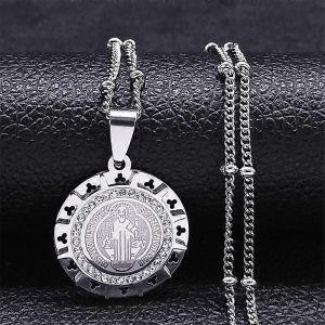 Catholique Saint Benoît Médaille Collier Pour Femmes Hommes Acier Inoxydable Couleur Argent San Benito Chaîne Religieuse Bijoux N8085s02 - Neuf