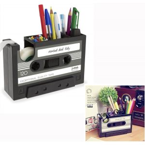 Porte-cassettes r&eacute;tro et porte-stylo en PVC+ABS haute qualit&eacute; - Rangement bureau avec emplacement bloc-notes standard et compartiment pour trombones - Neuf
