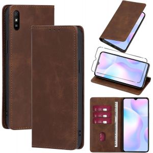 Kalanka-Coque Cuir Pour Xiaomi Redmi 9at/Redmi 9a 6.53"" Avec 1 Verre Tremp&eacute; Etui &Agrave; Rabat En Pu Porte-Cartes Portefeuille Support Flip Housse Magn&eacute;tique Antichoc Anti-Rayures Case,Marron - Neuf