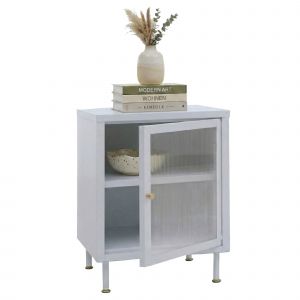 Table de chevet HWC-O87, table d'appoint, armoire, rangement industriel en m&eacute;tal et verre osier 55 x 41 x 41 cmblanc - Neuf